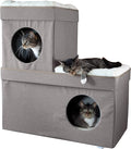 Kitty City Large Stackable Cat Condo & Cube House, Modular Indoor Cat Furniture with Plush Washable Beds, Collapsible Cat Cave & Lounging Ottoman, Tan