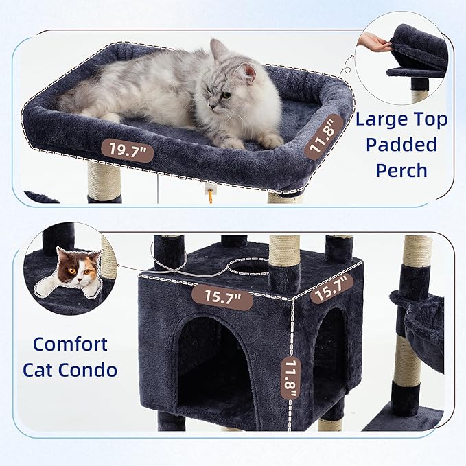 Cat Tree for Indoor Cats Large Adult, Heavy Duty Cat Tree for Large Cats 20 lbs+, Cat Condo with Big Wooden Perch, Cat Tower with 14 Scratching Posts, Hammock, Smoky Gray GCT023G
