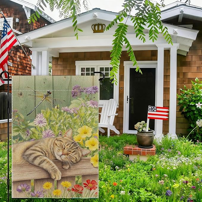 Sleeping Cat Garden Flag Double Sided Home Decorative, Spring Summer Garden Flag Lawn Yard House Outdoor Decor 12 x 18 inch