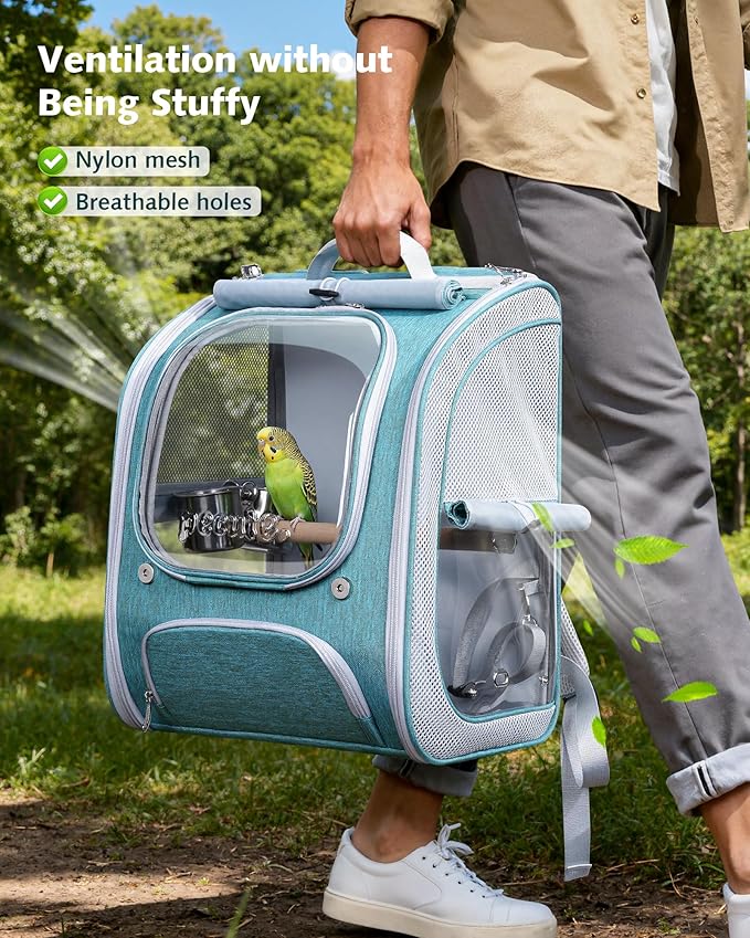 Pecute Bird Backpack Carrier for Small Birds,Cockatiel,Parrot,Bird Carrier with Standing Perch,Comfy Mat&Transparent Window, Breathable Bird Backpack for Vet Visit,Shopping and Outdoor Adventure,Blue