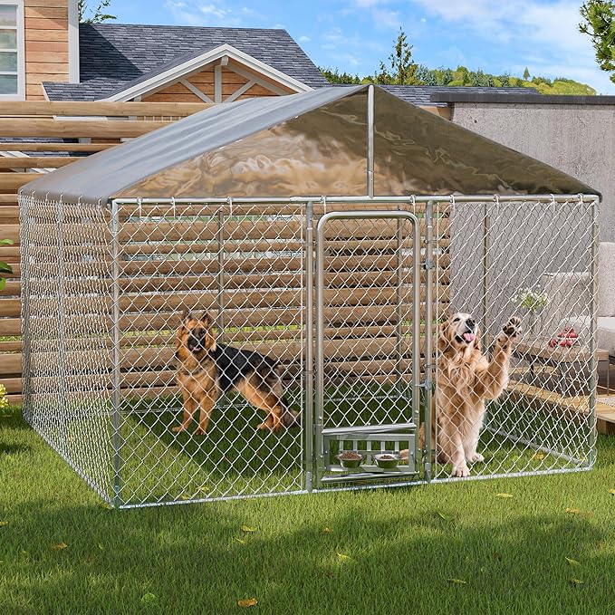 10×10×7 FT Outdoor Dog Kennel with Roof, Dog Enclosure w/Rotating Feeder, Large Heavy Duty Dog Run Playpen w/2 Stainless Bowls, Galvanized Pet House w/Secure Lock, Waterproof Cover