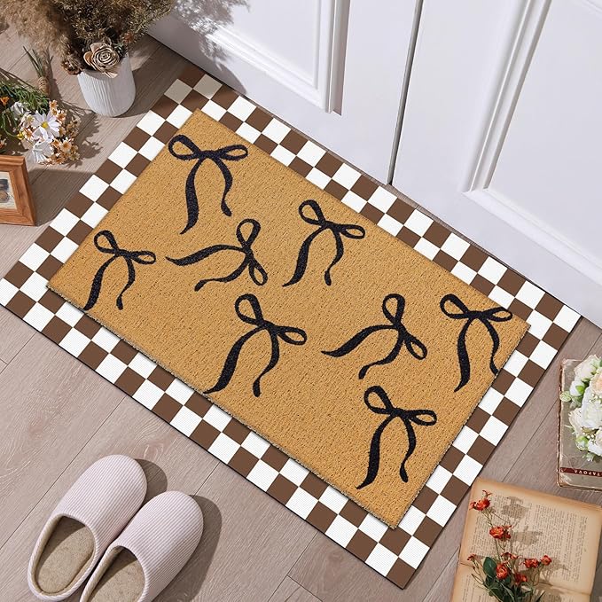 Tinideya 2 Pcs Boho Bows Door Mat Welcome Non Slip Coir Mats Floor Layering Doormats Seasonal for Front Porch Entryway Decor(Boho Bows)