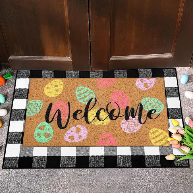 Tinideya 2 Pcs Easter Day Door Mat Eggs Welcome Non Slip Coir Mats Holiday Black and White Plaid Floor Layering Doormats Seasonal for Front Porch Entryway Decor(Easter Eggs)