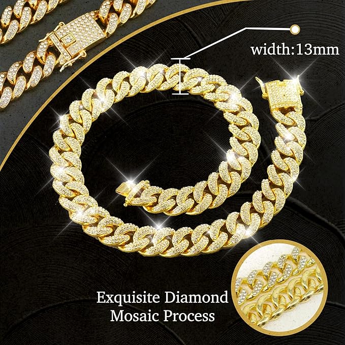 Diamond Cuban Style Dog Chain Collar Bling Gold Walking Necklace with Safety Lock Pet Jewelry for Small Medium Large Dogs Cats(Glod 10inch)