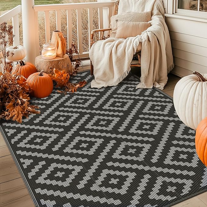 GENIMO Outdoor Rug for Patio Clearance,9'x12' Waterproof Large Mat,Reversible Plastic Camping Rugs,Rv,Porch,Deck,Camper,Balcony,Backyard,Black & Gray