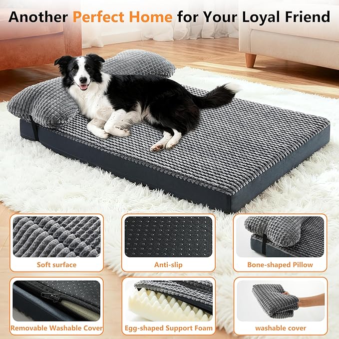 KISYYO Orthopedic XL Dog Beds for Extra Large Dogs with Removable Washable Cover and Removable Pillow for Crate,Waterproof Extra Large Dogs Mat, Grey, 41x27