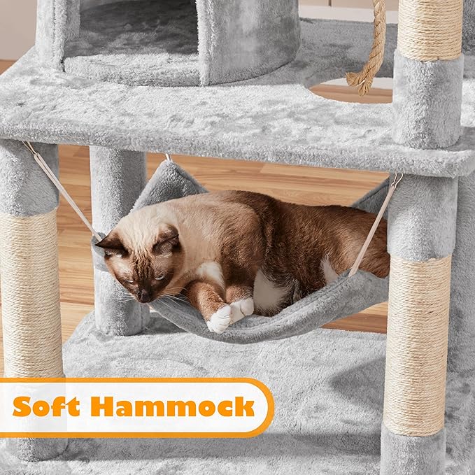 Yaheetech Cat Tree Tower, 70.5in Multi Level Cat Tree Kitten Condo with 2 Condos & 2 Plush Perches & Scratching Post & Dangling Ball, Cat Tower Furniture for Play & Rest Light Gray