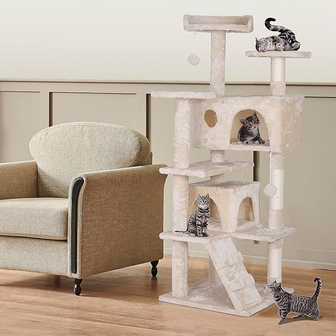 Premium Cat Tree 54-Inch Tall, Large Cat Condo Furniture with Sisal Posts and Plush Platforms, Luxury Lounger and Scratch Post for Happy Indoor Cats (Beige)