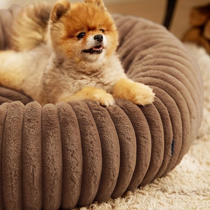 Bedsure ComfyFleece™ Donut Small Dog Bed - Dog Beds for Small Dogs with Corduroy Fleece & Anti Slip Bottom, Round Faux Fur Pet Beds with Washable Removable Cover, Camel Brown, 23x23x7 inches
