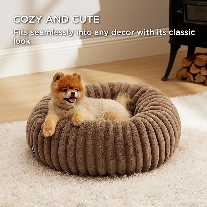 Bedsure ComfyFleece™ Donut Small Dog Bed - Dog Beds for Small Dogs with Corduroy Fleece & Anti Slip Bottom, Round Faux Fur Pet Beds with Washable Removable Cover, Camel Brown, 23x23x7 inches