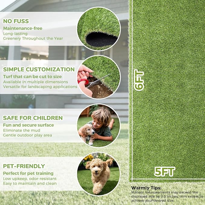 Artificial Grass Rug Indoor Outdoor, 5 x 6FT Faux Grass Turf with Drainage Holes, Realistic Artificial Lawn Rug Dog Pets Mat, Turf Carpet for Garden Lawn Landscape Balcony Patio Backyard Easter Decor