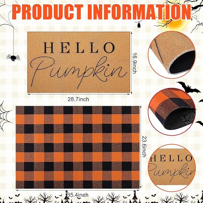 Tinideya 2 Pcs Door Mat Welcome Non Slip Coir Mats Floor Layering Doormats Seasonal for Front Porch Entryway Decor(Black Orange)