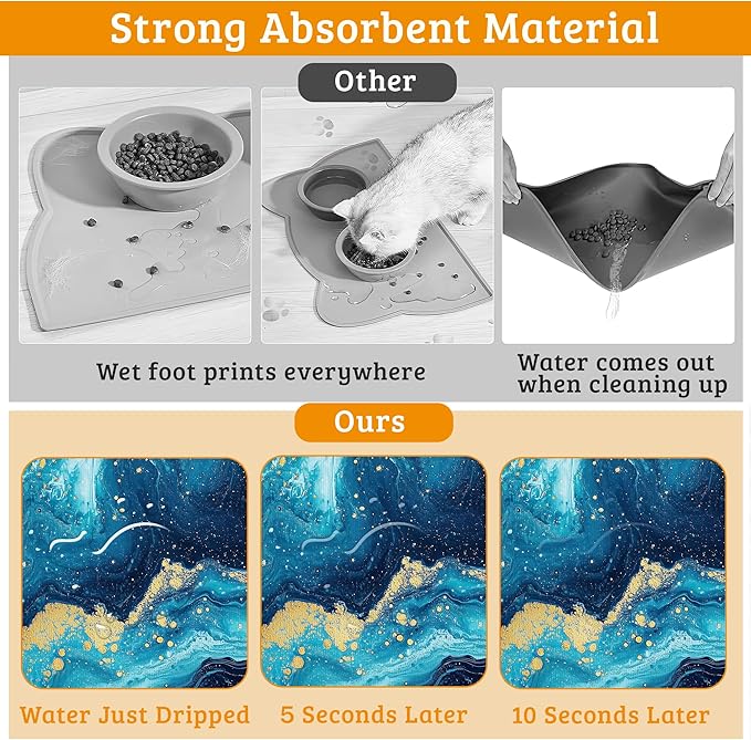 Dog Bowl Mat,Blue Gold Marble Pet Feeding Mat for Floors Waterproof,Flowing Absorbent Dogs Placemat for Food and Water Quick Dry Pet Cat Feeding Mats with Non Slip Bottom 12" x 20"