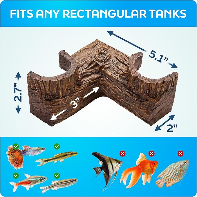 FISHNOSH Aquarium Cave | Natural-Looking Wood-Like BPA-Free Fish Tank Cave for Corners | 5.1” x 2” x 2.7” Fish Hideout for Aquarium | Guppy, Neon Tetra, Corydoras Catfish, Betta Hide | Tank Decor