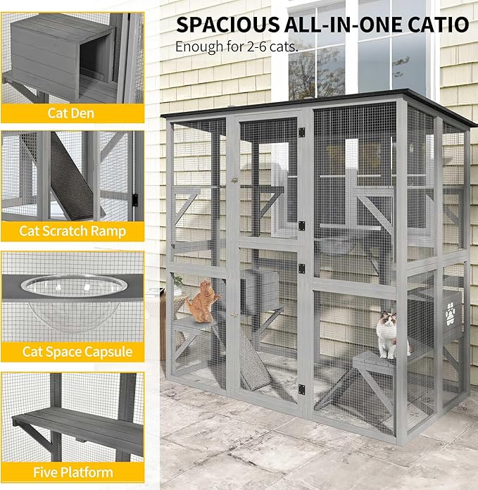 DWVO Cat House Outdoor Catio Kitty Enclosure 71" Walk in Cat Kennel Large Kitten Cage with Platforms, 2 Cats Scratcher Ramp and Small Cats House, Space Capsule Bed