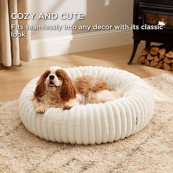 Bedsure ComfyFleece™ Donut Medium Dog Bed - Washable Faux Fur with Corduroy Fleece & Anti Slip Bottom, Round Pet Bed with Removable Cover, Cream, 30x30x8 inches