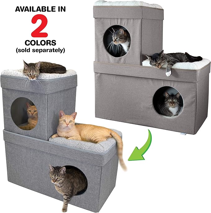 Kitty City Large Stackable Cat Condo & Cube House, Modular Indoor Cat Furniture with Plush Washable Beds, Collapsible Cat Cave & Lounging Ottoman, Grey
