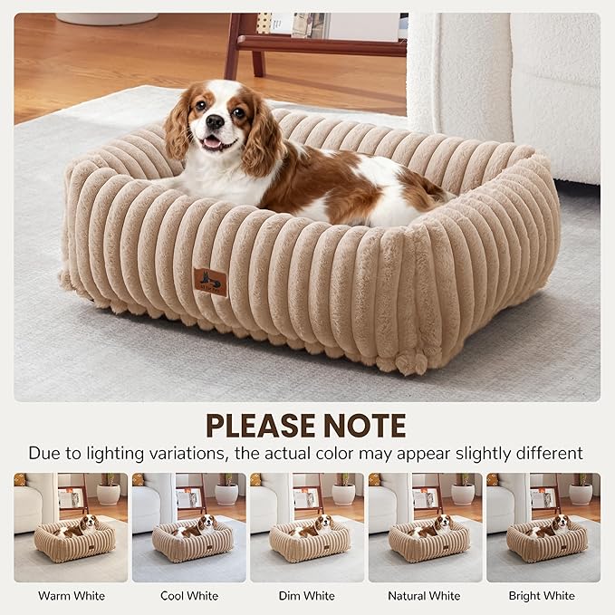 Washable Dog Bed for Small Medium Dogs - Rectangle Orthopedic Corduroy Fleece Pet Bed with Removable Cover and Nonskid Bottom, Calming Puppy Bed Soft Pet Sofa, Camel(25x21x7inchs)