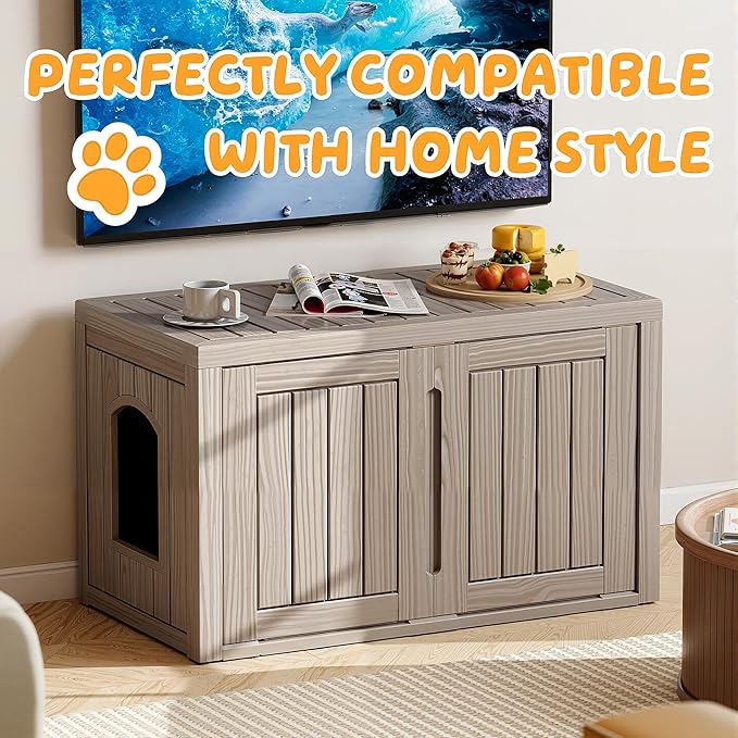 Cat Litter Box Enclosure,Multi-Functional Hidden Litter Box Furniture Cabinet with Adjustable Partition & Side End Table, Indoor Outdoor Cat House with Double Doors,Easy to Clean & Assemble, Gray