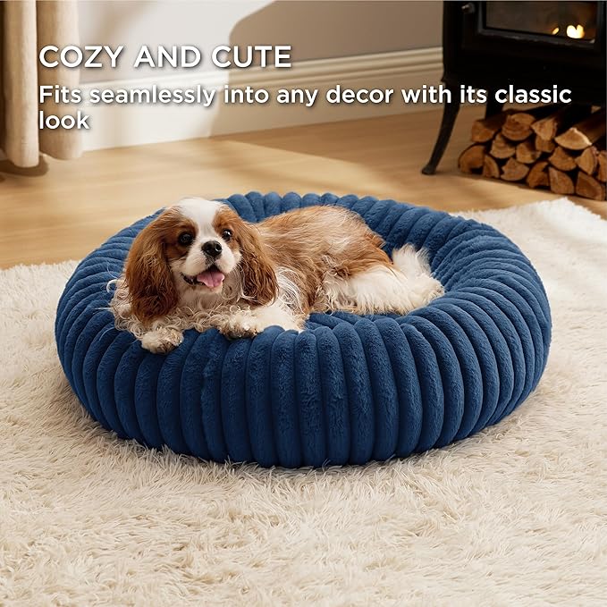 Bedsure ComfyFleece™ Donut Medium Dog Bed - Washable Faux Fur with Corduroy Fleece & Anti Slip Bottom, Round Pet Beds with Removable Cover, Night Blue, 30x30x8 inches