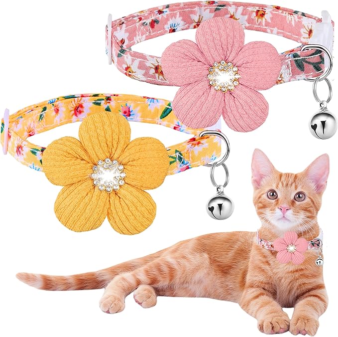 Cat Collar, HYQHYX Breakaway Kitten Collar with Flower,Rhinestone Kitty Collar with Bell, Floral Pet Collar with Safety Buckle for Cats and Puppy Dog