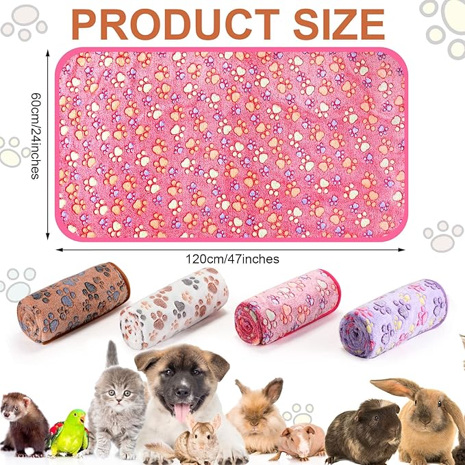 Tatuo 4 Pcs Dog Blanket for Pet Cat Blankets Indoor Puppy Teething Stuff Toys Paw Print Fleece Soft Blanket Sleep Mat for Guinea Pig Cage(White, Coffee, Pink, Purple,Midwest (24 x 47 Inch),Square)