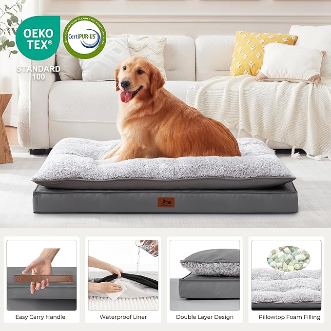 2-Pack Waterproof Dog Bed Large Size Dogs, Plush Cushion & Orthopedic Egg-Crate Foam Mattress for Senior Dogs, Washable Dog Crate Bed with Removable Cover, Dark Grey