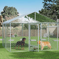10×10×7 FT Outdoor Dog Kennel with Roof, Dog Enclosure w/Rotating Feeder, Large Heavy Duty Dog Run Playpen w/2 Stainless Bowls, Galvanized Pet House w/Secure Lock, Waterproof Cover