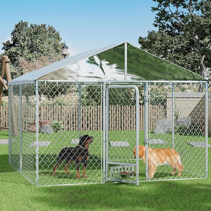 10×10×7 FT Outdoor Dog Kennel with Roof, Dog Enclosure w/Rotating Feeder, Large Heavy Duty Dog Run Playpen w/2 Stainless Bowls, Galvanized Pet House w/Secure Lock, Waterproof Cover
