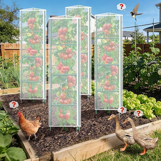 3 Pack Garden Bird Netting Plant Cover for Triangle Tomato Cage, 48"x13" Insect Bird Barrier Tomato Cage Net with Zipper & Drawstring, Tomato Trellis Netting Protection Cover for Protecting Plants