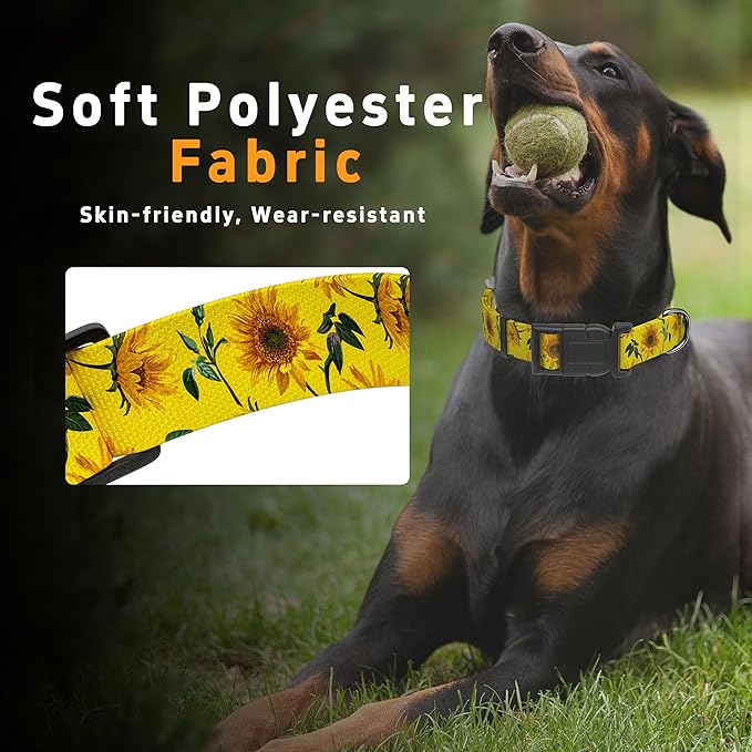 Dog Collar, Floral Puppy Collar for Small Medium Large Dogs, Adjustable Soft Pet Collar with Safety Buckle for Male Females(Yellow Sunflower,XL)
