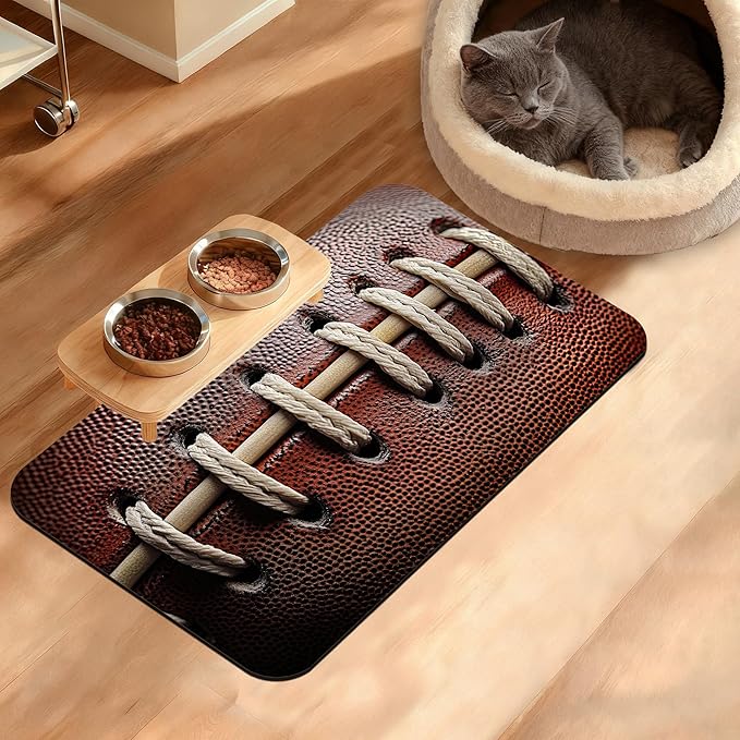 Football Texture Feeding Mat,Laces Stripes Absorbent Quick-Dry Cat Dog Food and Water Bowl Mats,Non-Slip Rubber Backing Mat,Cat Dog Accessories Supplies 12" x 20"