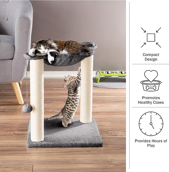 Cat Hammock with Scratching Posts for Indoor Cats - 19-Inch-Tall Cat Tree with Hanging Ball Toy for Adult Cats and Kittens by PETMAKER (Gray)