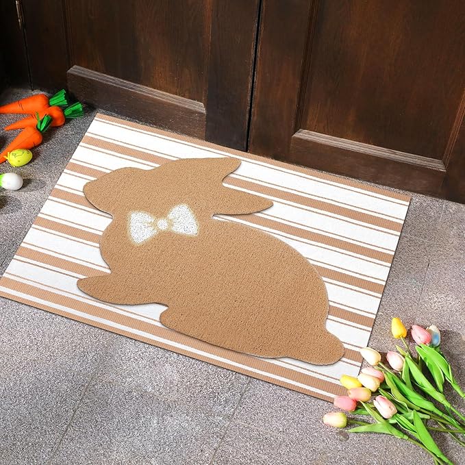 Tinideya 2 Pcs Bunny Door Mat Rabbit Welcome Non Slip Coir Mats Brown and White Stripe Floor Layering Doormats Seasonal for Front Porch Entryway Decor(Rabbit)