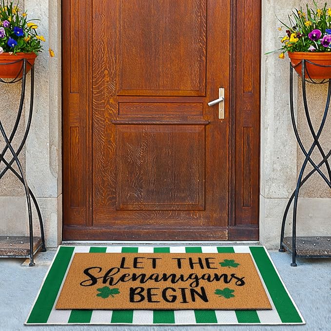 Tinideya 2 Pcs Irish Festival Door Mat Fest Welcome Non Slip Coir Mats Shenanigans Green White Stripe Floor Layering Doormats Seasonal for Front Porch Entryway Decor(Irish Festival)