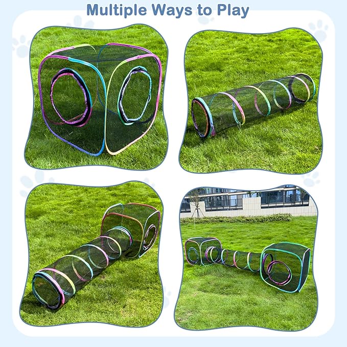 Outdoor Cat Enclosures Portable Cats Tunnel with Carry Bag Breathable Kitty Tent Outdoor with 2 Mouse Toys Outside Cat Enclosure for Indoor Cats (2 Cubes + Run Tunnel)