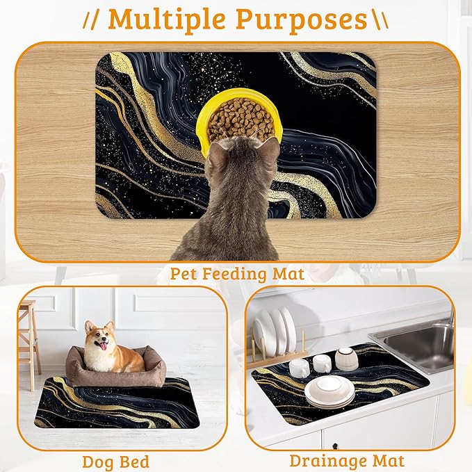 Dog Bowl Mat,Abstract Marbled Pet Feeding Mat for Floors Waterproof,Gold Black Absorbent Dogs Placemat for Food and Water Quick Dry Pet Cat Feeding Mats with Non Slip Bottom 12" x 20"