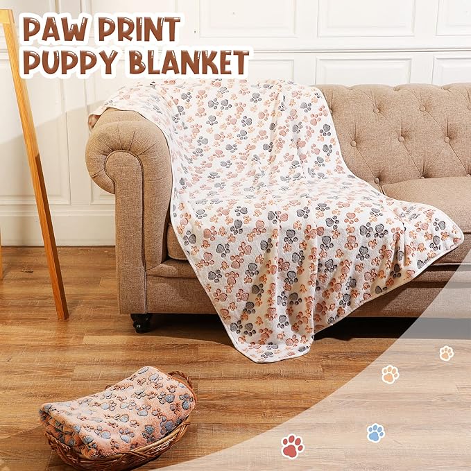 Tatuo 4 Pcs Dog Blanket for Pet Cat Blankets Indoor Puppy Teething Stuff Toys Paw Print Fleece Soft Blanket Sleep Mat for Guinea Pig Cage(White, Coffee, Pink, Purple,XXXX-Large(72 x 72 Inch),Square)