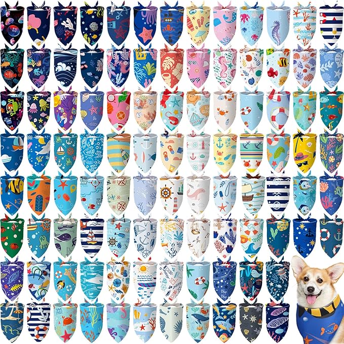 100 Pcs Ocean Dog Bandanas Bulk Pet Bibs Colorful Triangle Pet Ocean Scarf Bandanas for Medium Large Dogs Birthday Summer Beach Holiday Costume Decor