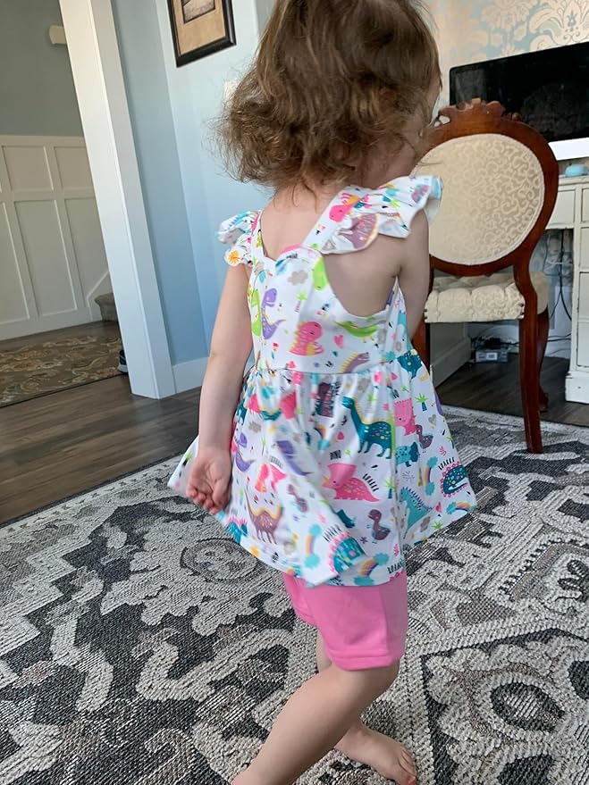 Toddler Baby Girls Summer Clothes Outfits Ruffled Sleeve Dinosaur Shirt Leopard Tops and Shorts Pants Sets 2PCS