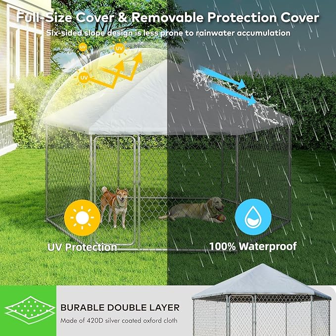 9.1x9.1 FT Outdoor Dog Kennel Heavy Duty Dog Enclosure with Waterproof Cover and Security Lock, Galvanized Wire Mesh Hexagonal Large Dog Kennel(109.4x109.4x95.3IN)
