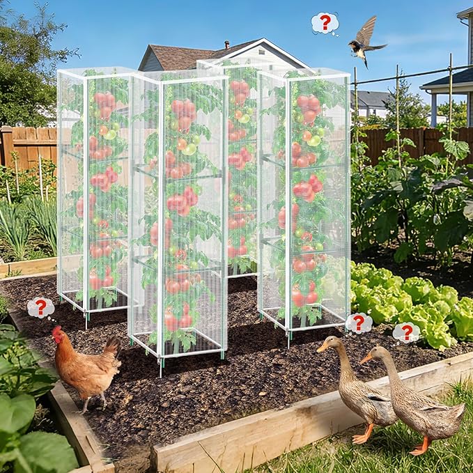 3 Pack Garden Bird Netting Plant Cover for Square Tomato Cage,14.6"x14.6"x51.2" Insect Bird Barrier Tomato Cage Net with Zipper Drawstring,Tomato Trellis Netting Protection Cover for Protecting Plants