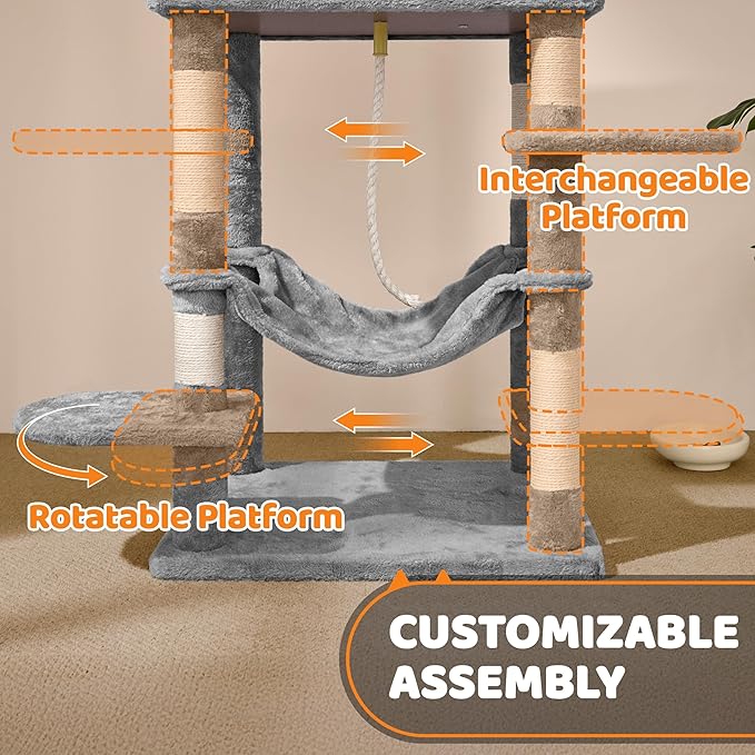 Yaheetech 59in Cat Tree for Multiple Cats, Multi-Level Activity Tower w/Hammock, Condo, Perches, Extended Platforms for Climbing & Jumping –Heavy Duty Cat Tower w/Scratching Posts & Dangling Balls