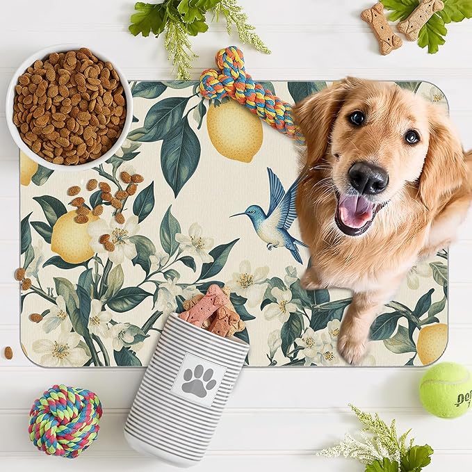 Hummingbird Dog Food Mat for Floors,Vintage Lemon Absorbent Quick-Dry Pet Feeding Mat,Cat Dog Bowl Mats for Food and Water,Non-Slip Pet Accessories Supplies 12"x20"