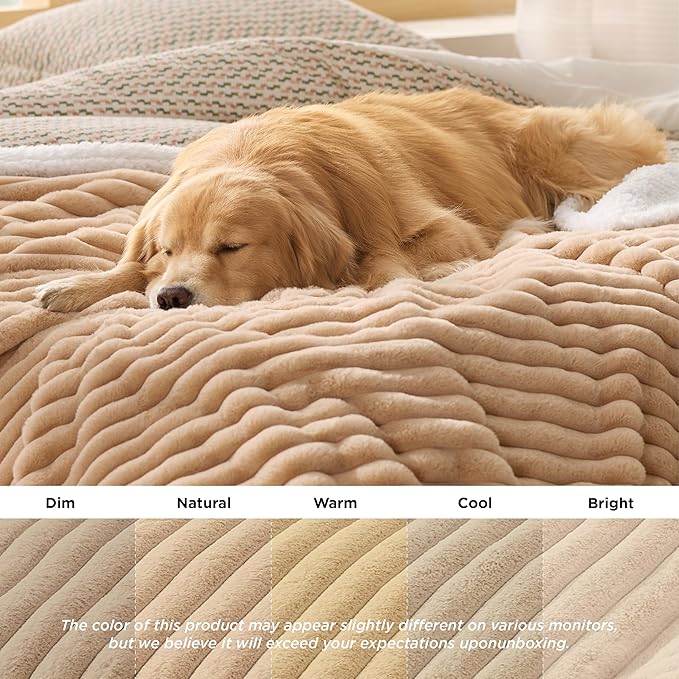 Bedsure ComfyFleece™ Waterproof Dog Blankets for Small Dogs - Soft Puppy Cat Blanket Corduroy Fleece Washable, Cozy Calming Reversible Furniture Protection for Pet Kitten Doggy,25"x35", Tuscan Beige
