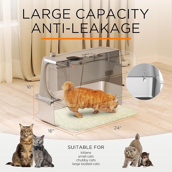 Anywish Stainless Steel Cat Litter Box with Lid, XL Extra Large Enclosed Removable Metal Litter Box with Litter Scoop&Double Layer Litter Mat, Non-Sticky, Non-Odor, Easy Cleaning, for Big Cats, Grey