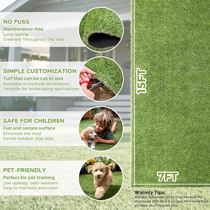 Artificial Grass Rug Indoor Outdoor, 7 x 15FT Faux Grass Turf with Drainage Holes, Realistic Artificial Lawn Rug Dog Pets Mat, Turf Carpet for Garden Lawn Landscape Balcony Patio Backyard Easter Decor