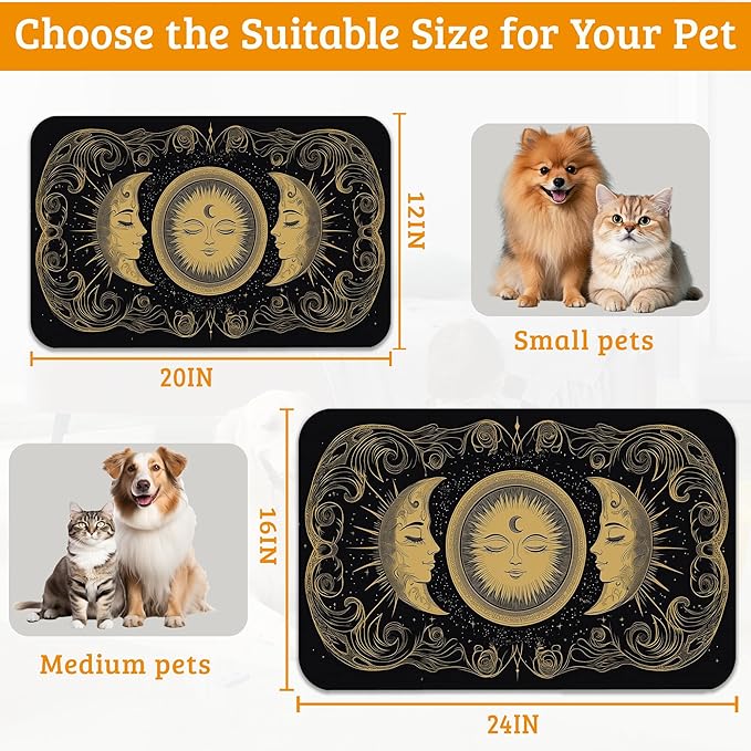 Dog Bowl Mat,Moon Sun Pet Feeding Mat for Floors Waterproof,Boho Vintage Absorbent Dogs Placemat for Food and Water Quick Dry Pet Cat Feeding Mats with Non Slip Bottom 16" x 24"