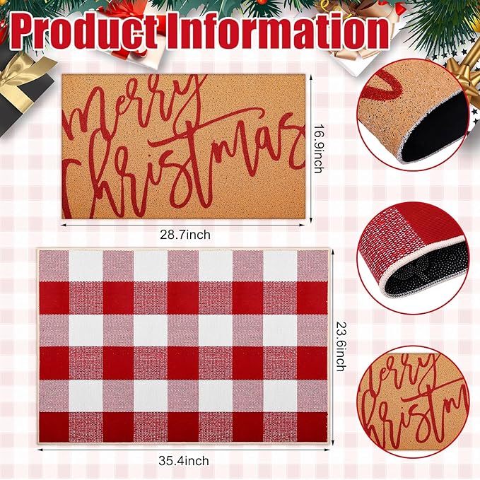 Tinideya 2 Pcs Door Mat Welcome Non Slip Coir Mats Floor Layering Doormats Seasonal for Front Porch Entryway Decor (23.6 x 35.4 Inches, Red White Plaid, Red White)