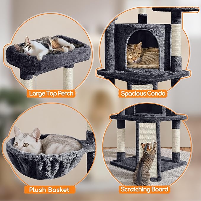 Yaheetech 42in Cat Tree Tower for Indoor Cats, Kitten House with Large Perch & Scratching Posts & Cozy Condo & Scratching Ramp, Pet Furniture Activity Center, Dark Gray